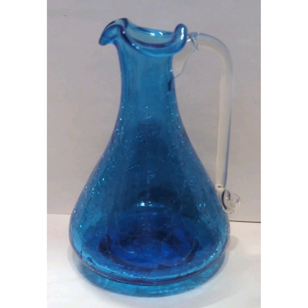 Vintage Cracked Glass Hand Blown Mini Pitchers / Bud Vases Set Of 2 Art Glass - Picture 4 of 15